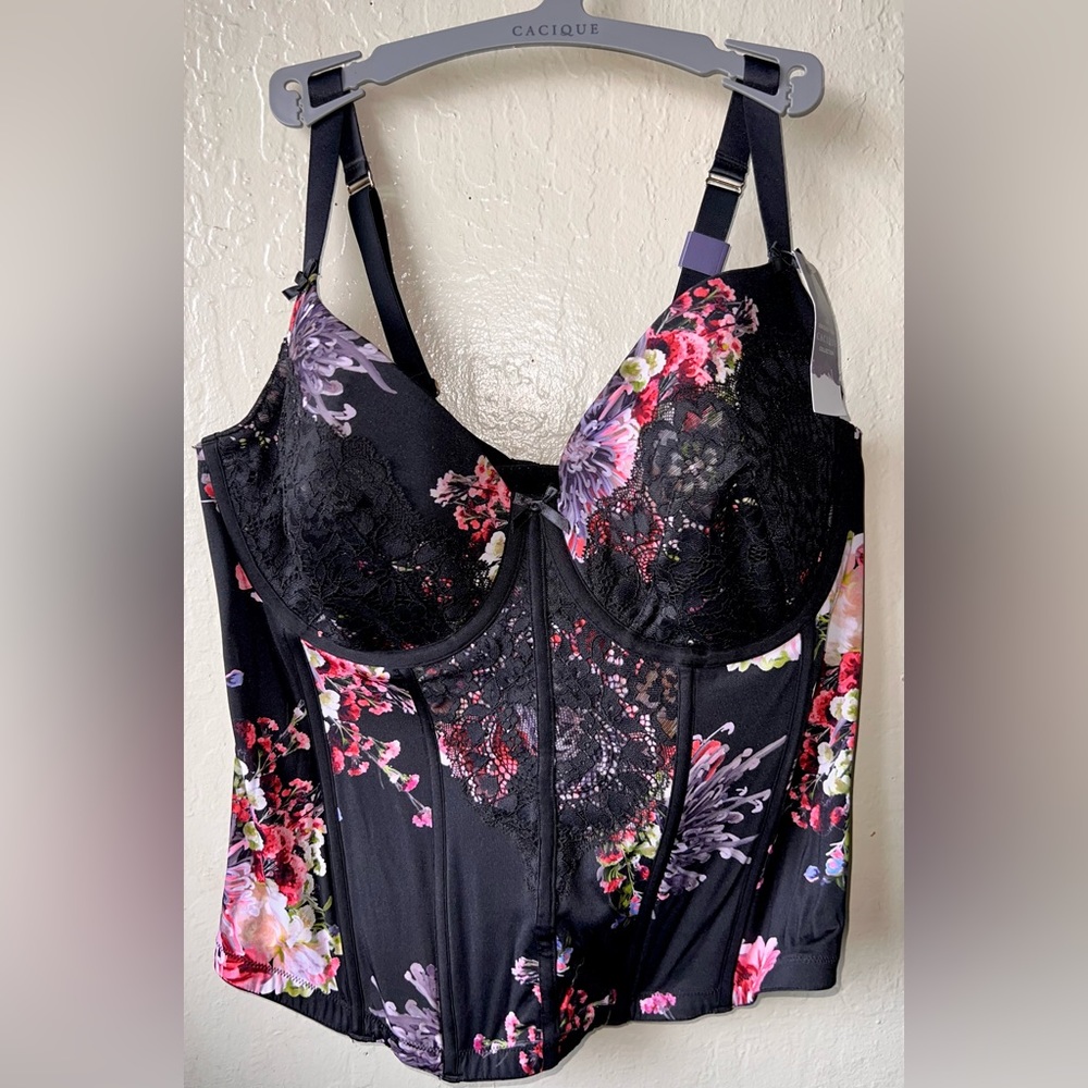 NWT Cacique Lane Bryant Corset size 40DDD black floral